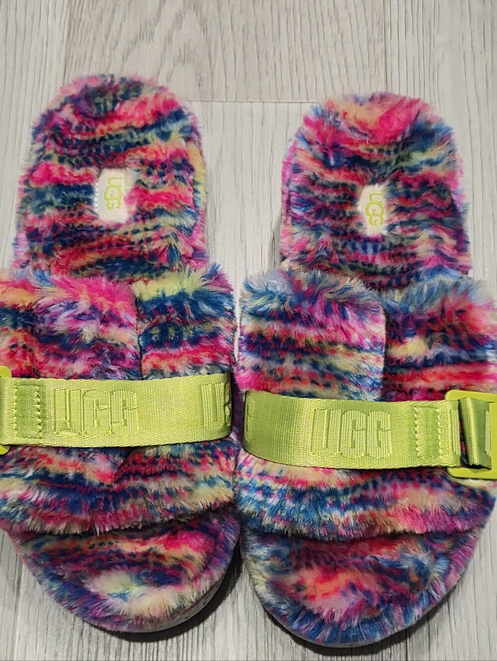 UGG Multicolor Faux Fur Slide Sandals with Neon Yellow Strap
